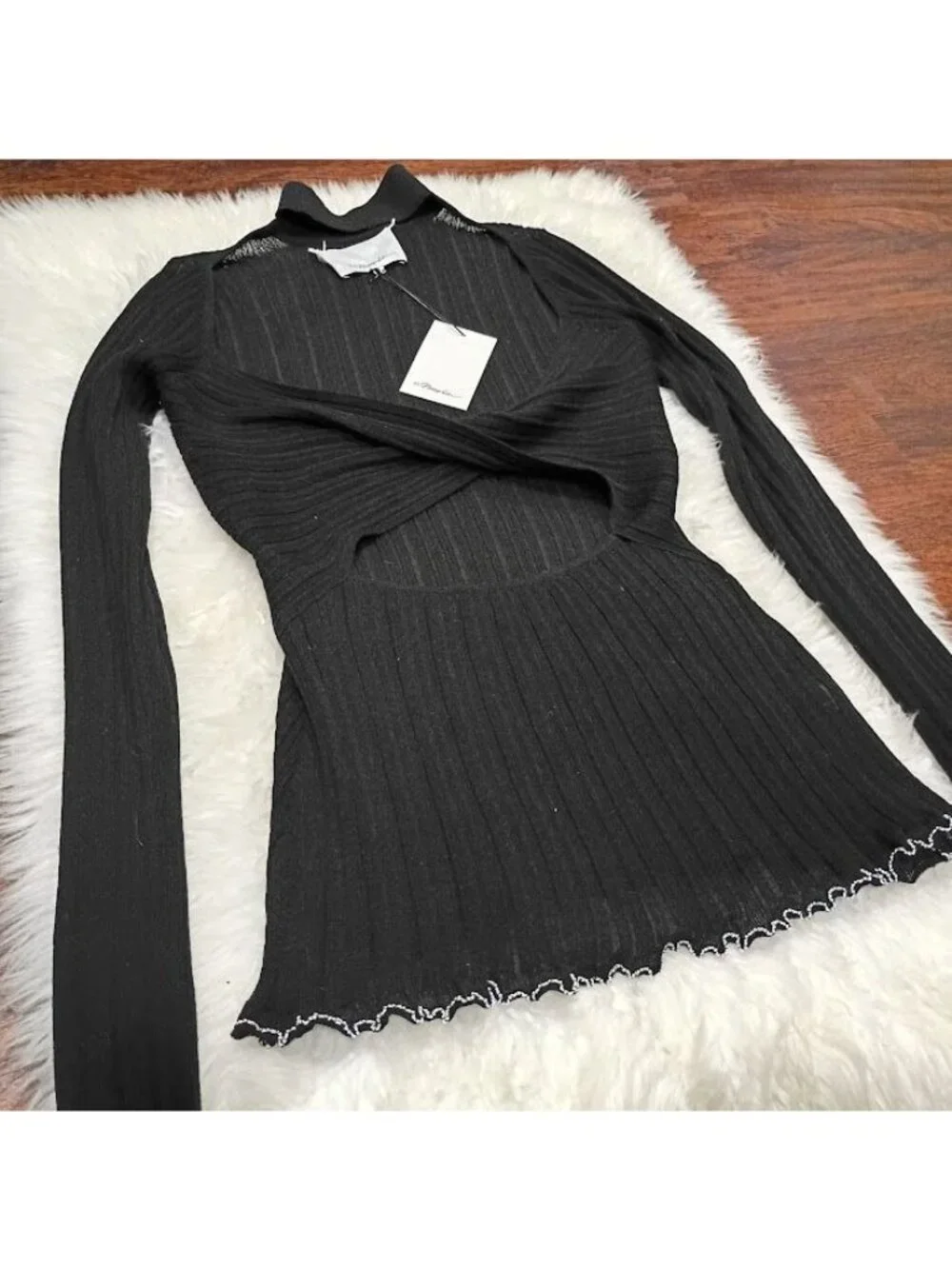 3.1 Phillip Lim Black Ribbed Twist-Front Turtleneck Long Sleeve Top Size L - Picture 9 of 15